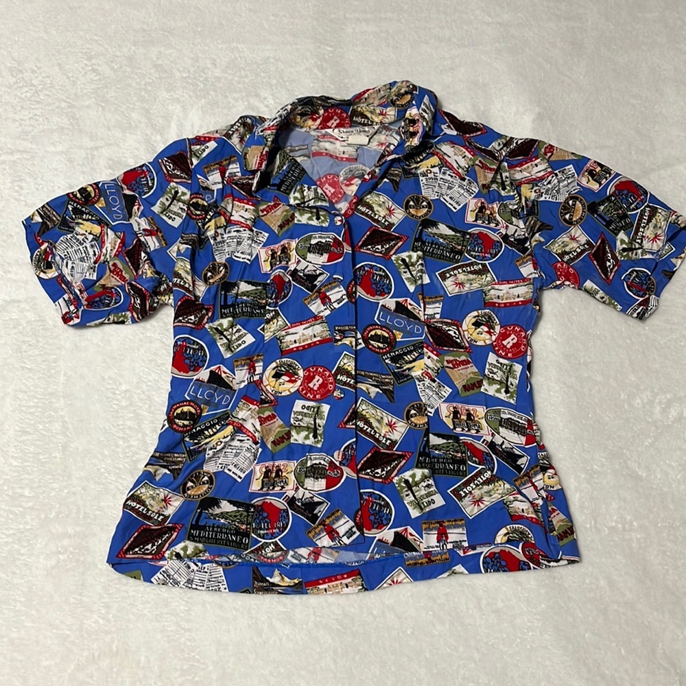 Vintage 80s 90s Sharon Young Dallas travel poster print button down rayon top